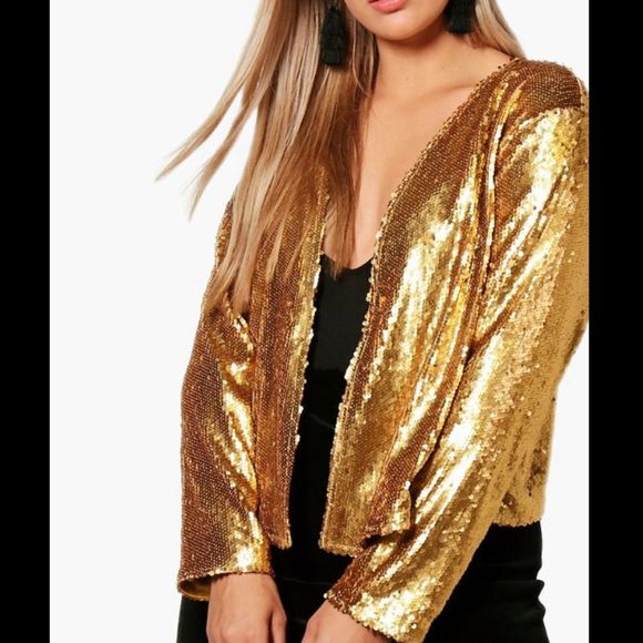 Boohoo Gold Sequin Waterfall Open Jacket Size 16 - Picture 1 of 8